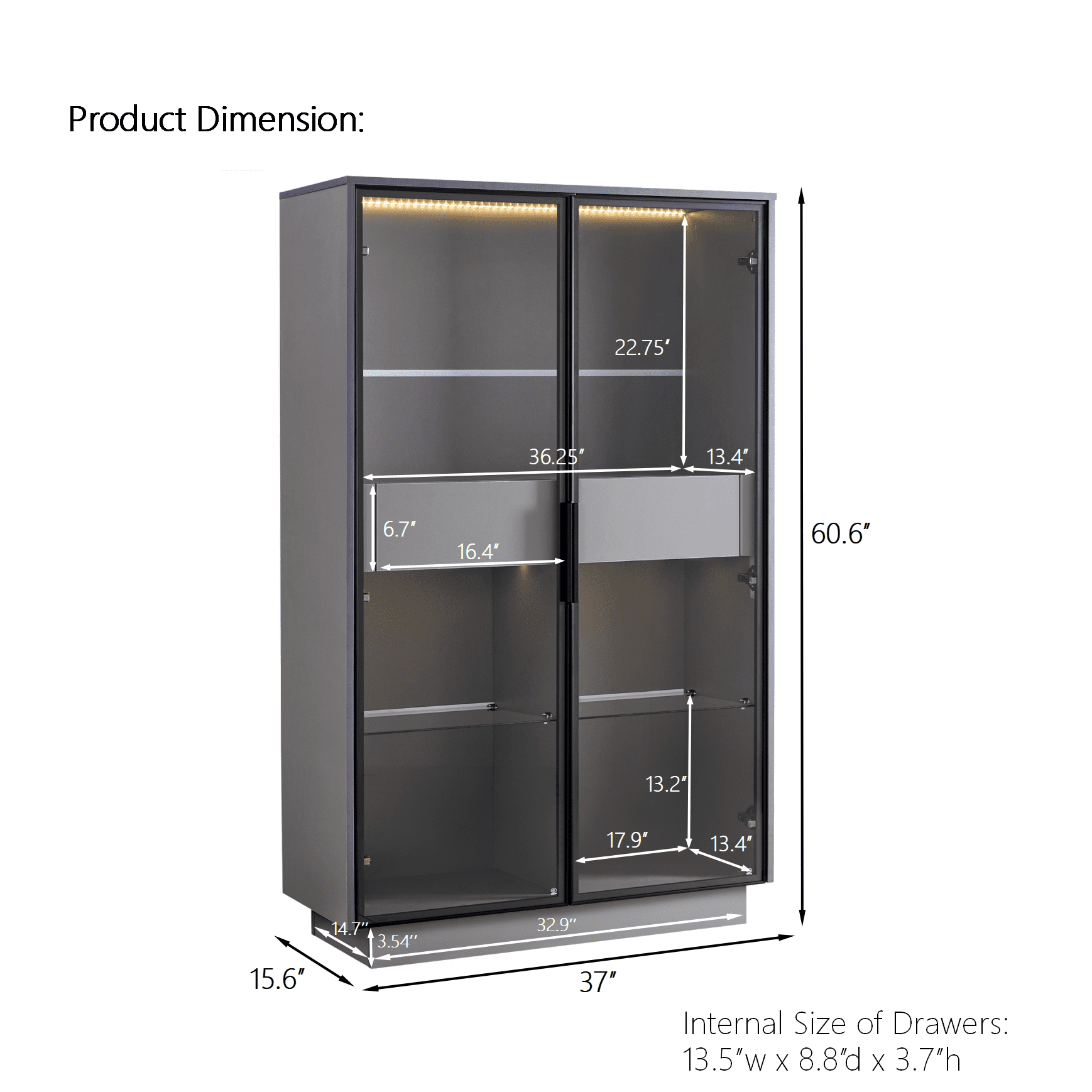 Euroco Modern Narrow LED Glass Display Cabinet with 2 Adjustable Shelves and Storage Drawers, Tempered Glass Doors, 21.6” Wide Showcase