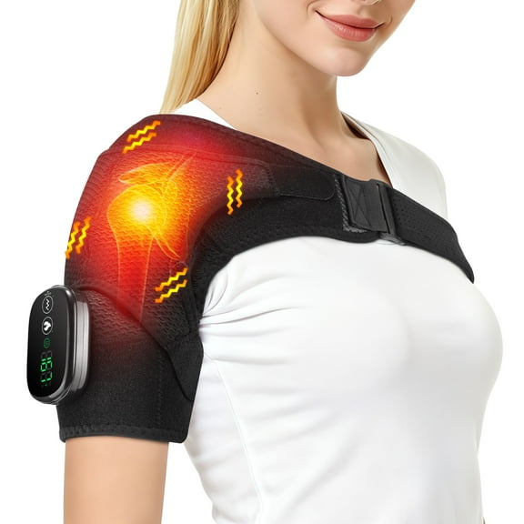 Heated Shoulder Brace Wrap with Massage for Muscle Relief, Heated Shoulder Massage with 3 Heat & Vibration Settings, Electric Shoulder Heating Pad Massager for Men Women, Black