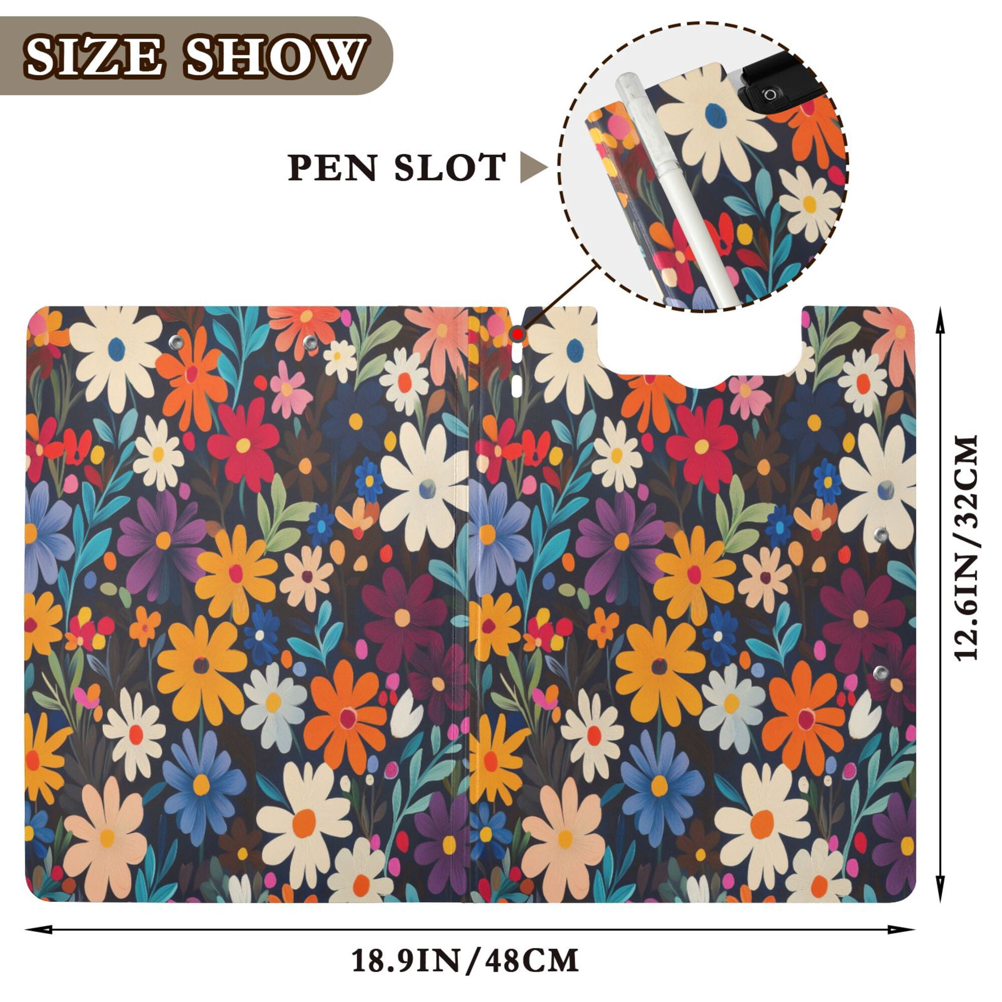 FORMRS A4 Clipboard Folder with Pen Holder Horizontal Foldable School Office Binder, Bright Colorful Flowers Pattern