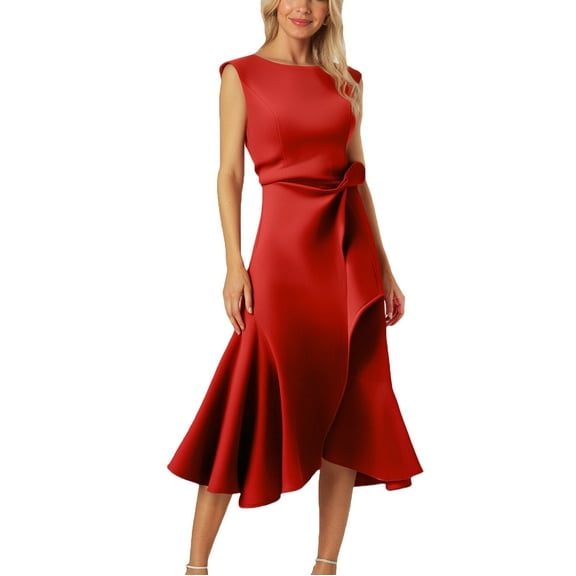 Satin Cocktail Dress for Women Sleeveless Asymmetrical Midi Dress Elegant Formal Party Wedding Guest Dresses