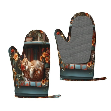 

Zufioo Cat Asleep Among Flowers Print Silicone Anti-Scalding Gloves Kitchen Hanging Rope Gloves Kitchen Utensils Suitable for Barbecue Baking Cooking