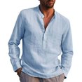 thumbnail image 1 of Men Henley T Shirts Casual Long Sleeve Button Linen V Neck Winter Loose Tops, 1 of 2