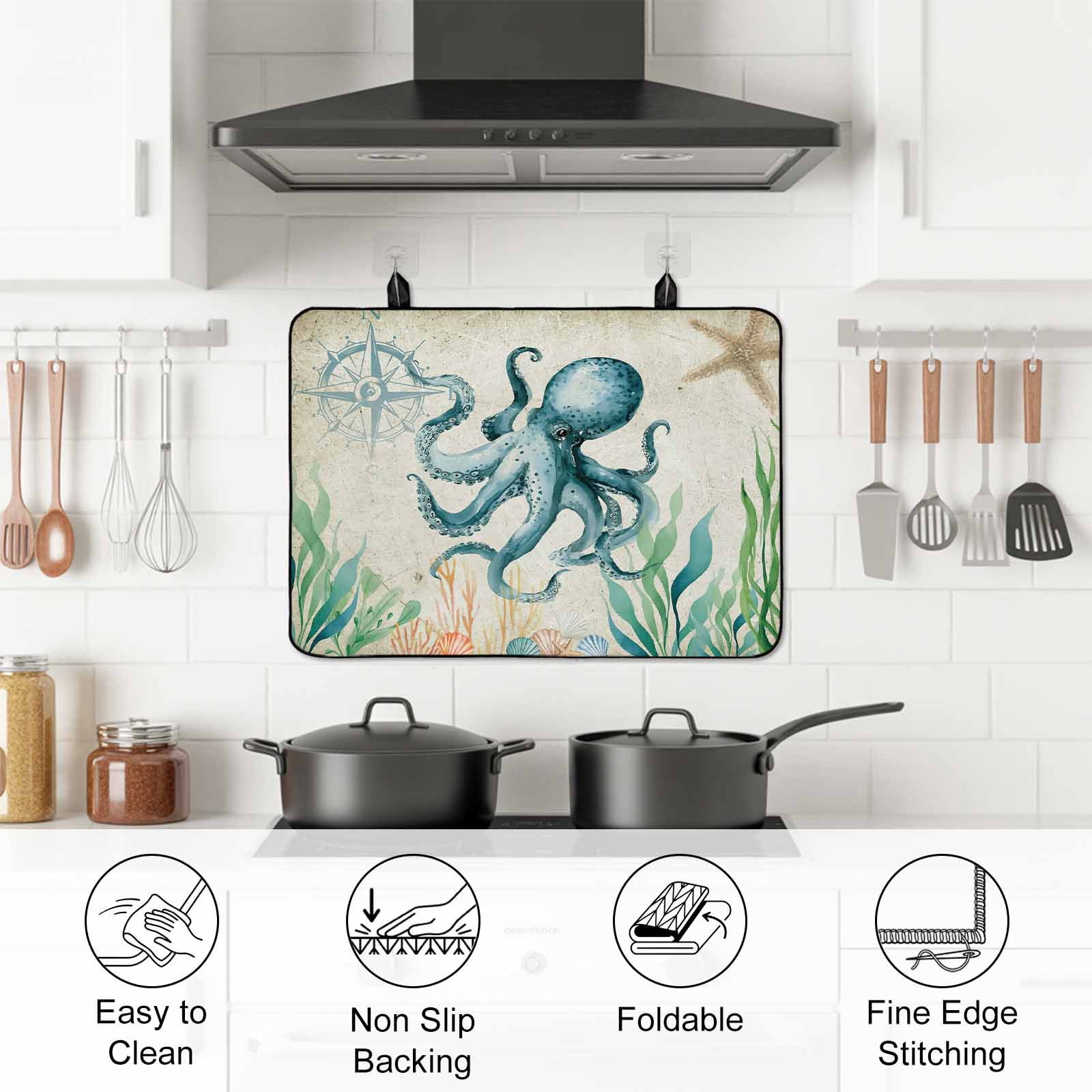 Octopus Coastal Stove Top Cover for Electric Stove, Heat-proof & Non Slip Glass Top Stove Cover Protector, Vintage Nautical Ocean Starfish Compass Kitchen Flat Cooktop Rubber Mat 24x21 Inches