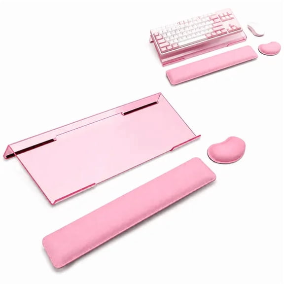 3-Piece Desktop Keyboard Accessory Set, Pink Leather Wrist Rest, Acrylic Stand & Memory Foam Mouse Cushion for Home & Office