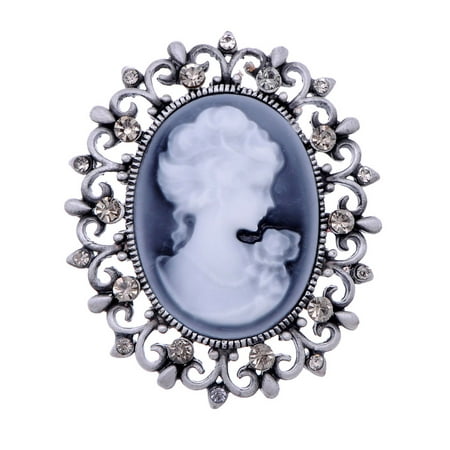 Floral Cameo Pin - Cameo Maiden Maid Cameo Rose Black Diamond Color Crystal Rhinestone Brooch Pin