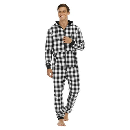 

Mens Pajamas Set Long Sleeve Printed Jumpsuit Zipper Hood Pyjamas Nightwear With Pockets