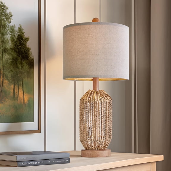 21" Boho Table Lamp for Living Room, Bedside Lamp for Nightstands, Rattan Lamp for Bedroom, Farmhouse Table Lamp for Room Decor, End Table, Retro, Brown, 1 Pack