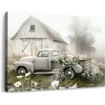 Rustic Farmhouse Barn Canvas Wall Art Framed Misty Countryside Field Landscape Painting Rusty Old Truck Loaded With Flowers Picture Prints for Bedroom Living Room Office Decor 16x12in
