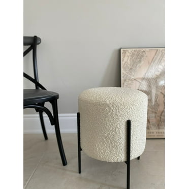 Boucle White Fabric Upholstery Round Metro Ottoman Pouf with Black Metal Frame
