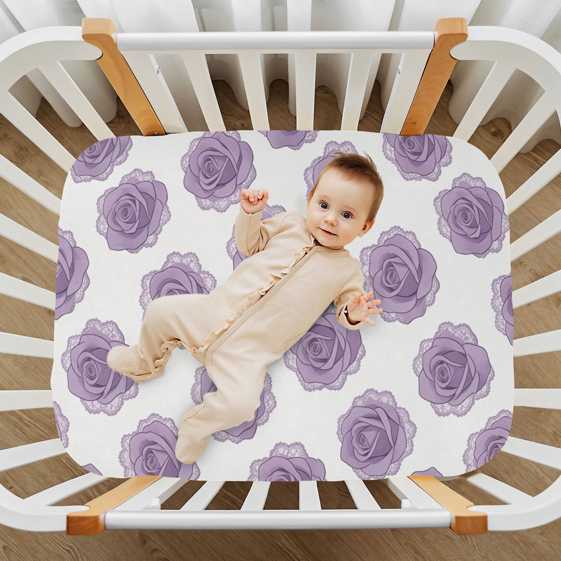 Baby Essentials 52”x 28”- Standard Cotton-like Modal Elastic- Purple Rose Design Crib Sheets for Newborns and Toddlers