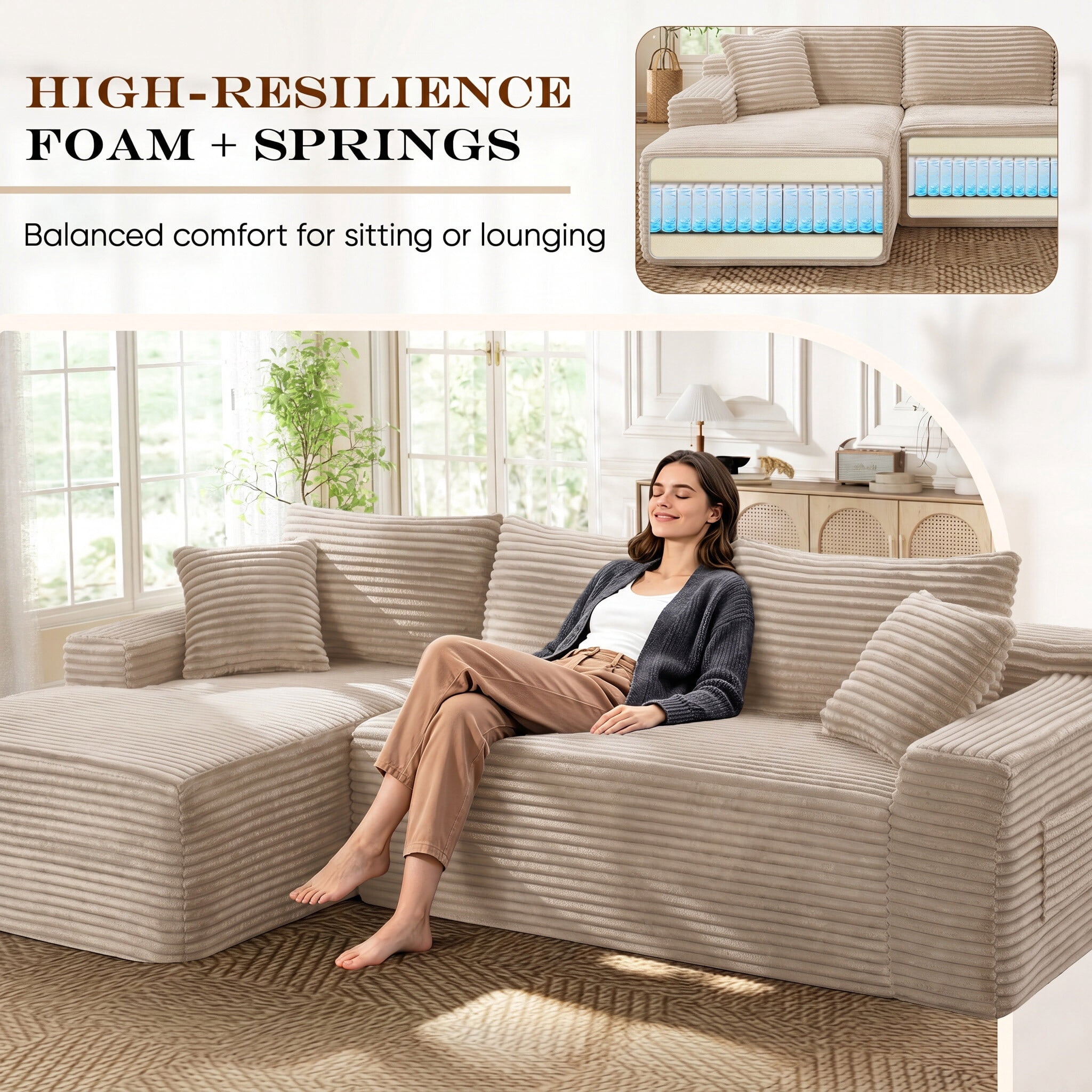 Lunale Small Modular Sectional Sofa with Movable Chaise, L-Shaped Boneless Cloud Couch for Living Room, Camel (Left Facing Chaise)