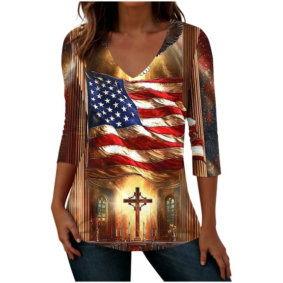 Gamivast 4Th of July Patriotic Christian Shirts for Women USA American Flag 3/4 Sleeve V Neck Stars And Stripes Loose Fit Soft Breathable Summer Tops
