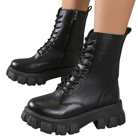 

Bnwani Work Boots Fall Savings Low Heel Shoes Lace-Up Leather Thick Mid-Calf Black Boots 35-43