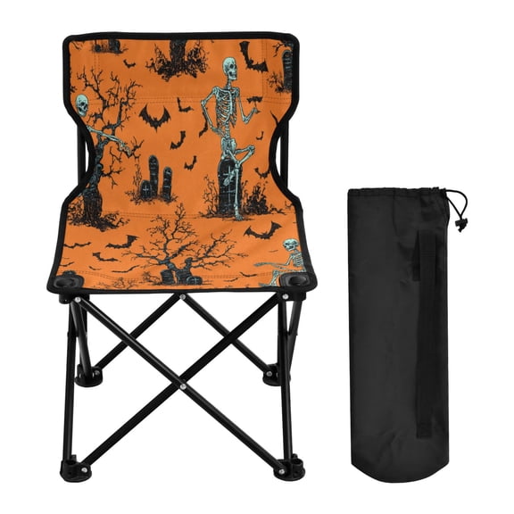 600D Oxford Camping Chair Portable Foldable Chair Supports 220 lbs for Picnic, Fishing, Backpacking Orange Background with Skeletons