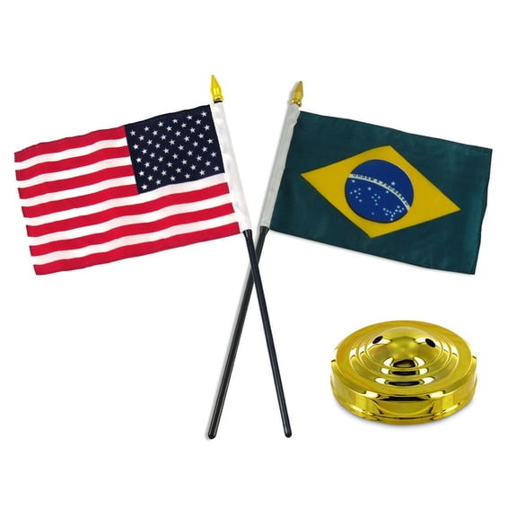 Brazil w/ USA American Flag 4"x6" Desk Set Table Stick Gold Base