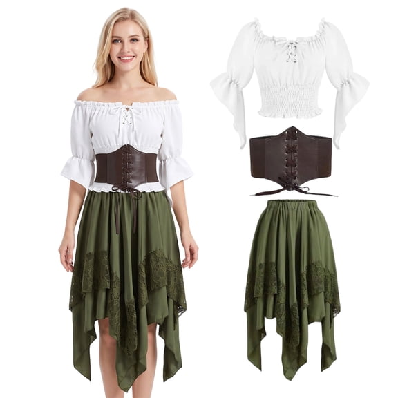 Forfamy Pirate Costume Women Renaissance Costume Outfit with Top Skirt Halloween Costumes for Women Medieval Dress
