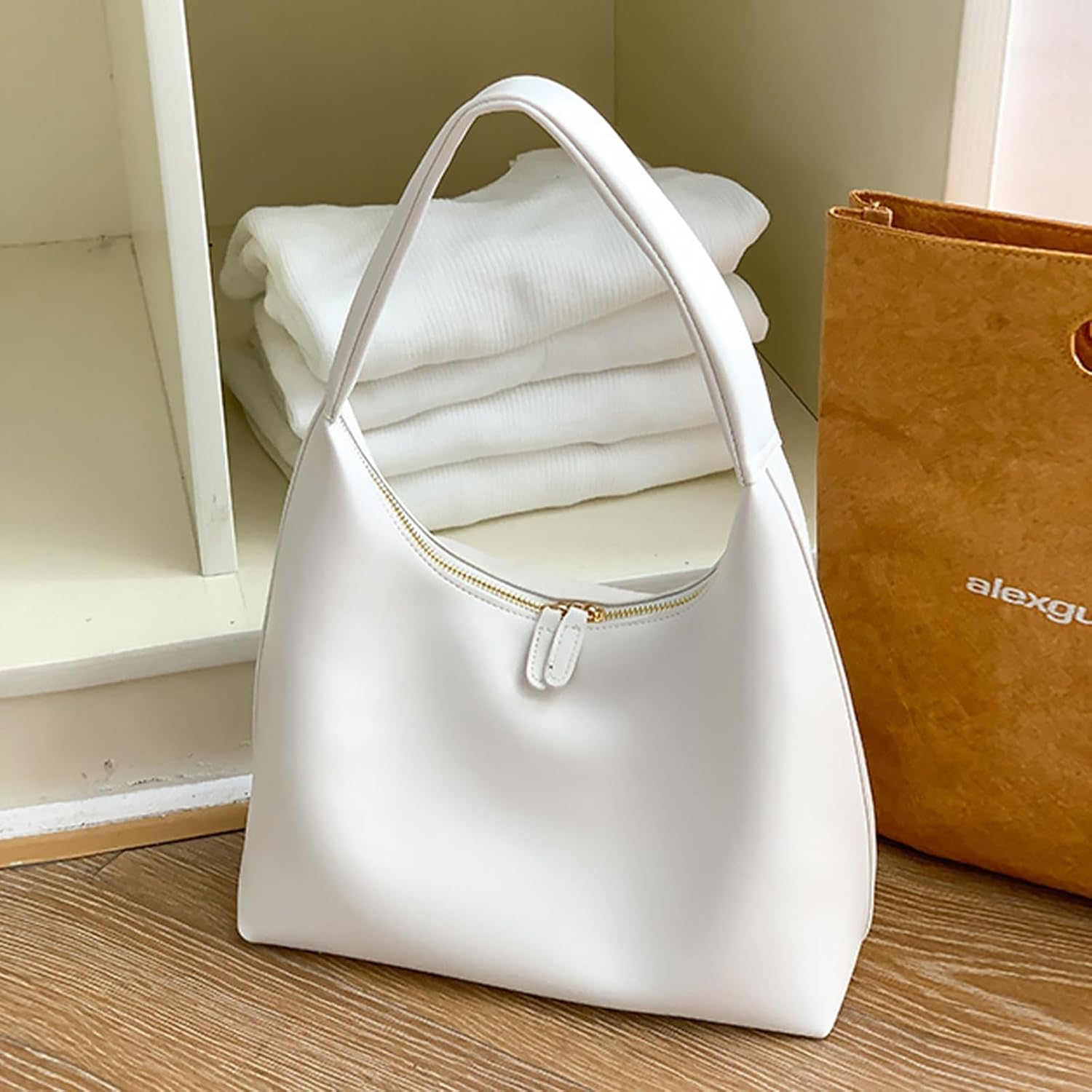 Kwuty Leather Hobo Bag Small Shoulder Purses for Women Slouchy Tote Handbag Vegan Leather Crescent Bag