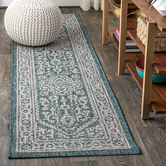 JONATHAN Y SANTA MONICA 2 x 10 Runner Rug, Sinjuri Medallion Textured Weave - Teal Blue/Gray, SMB101C-210