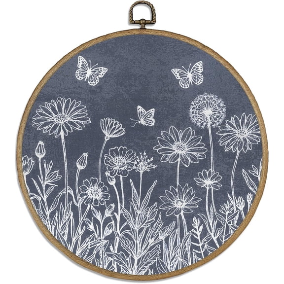 1pc Wildflower Bouque Round Wall Art Decor 10" Framed Canvas Wall Art Boho Wall Decor with Vintage Hooks Hanging Artwork Prints for Wall Room Door Bedroom Living Room Porch Colorful
