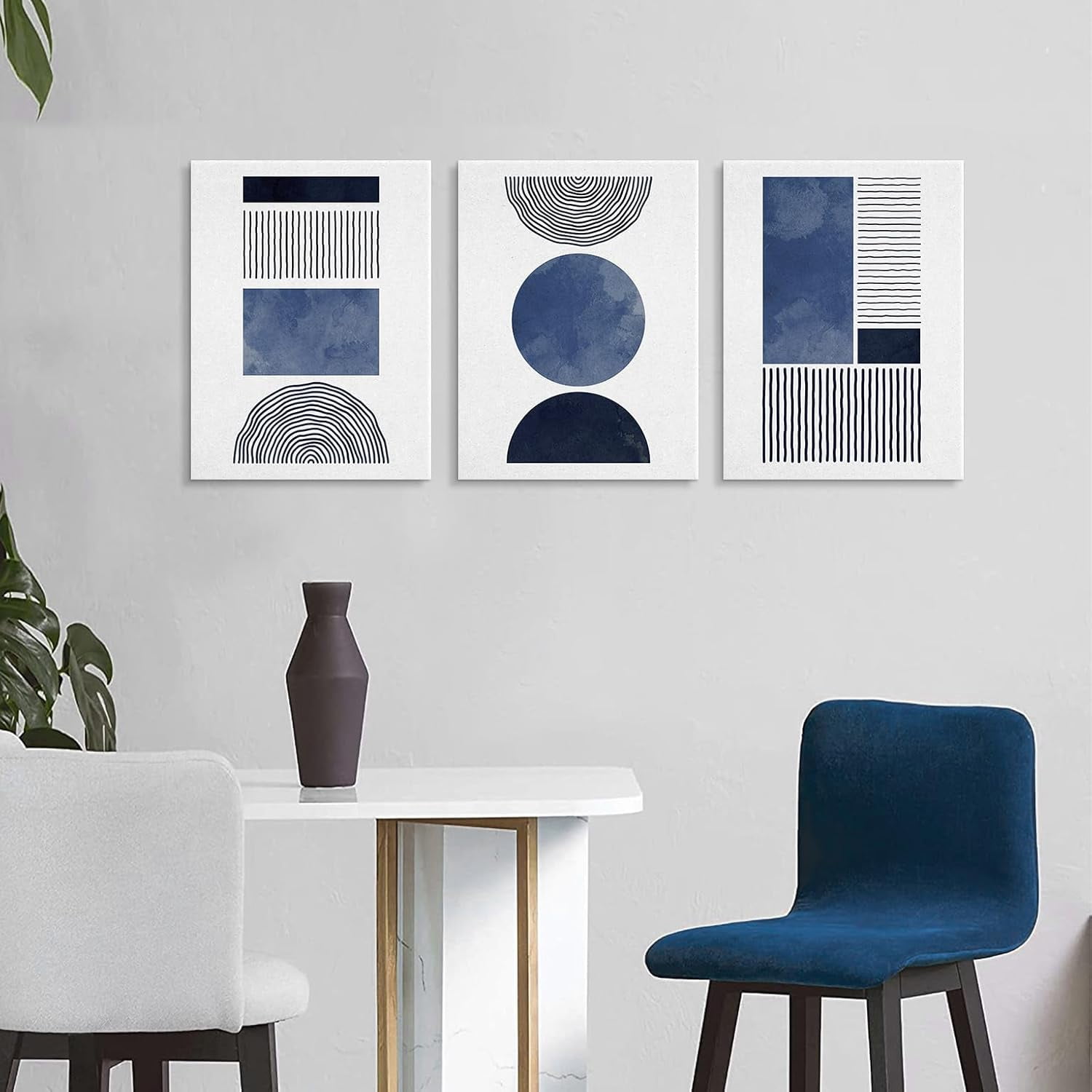 Black Blue and White Wall Art Canvas Set Mid Century Boho Pictures Modern Geometric Wall Decor Minimalist Bohemian Abstract Painting Artwork for Living Room Bedroom Office 12" x 16" x 3Pc