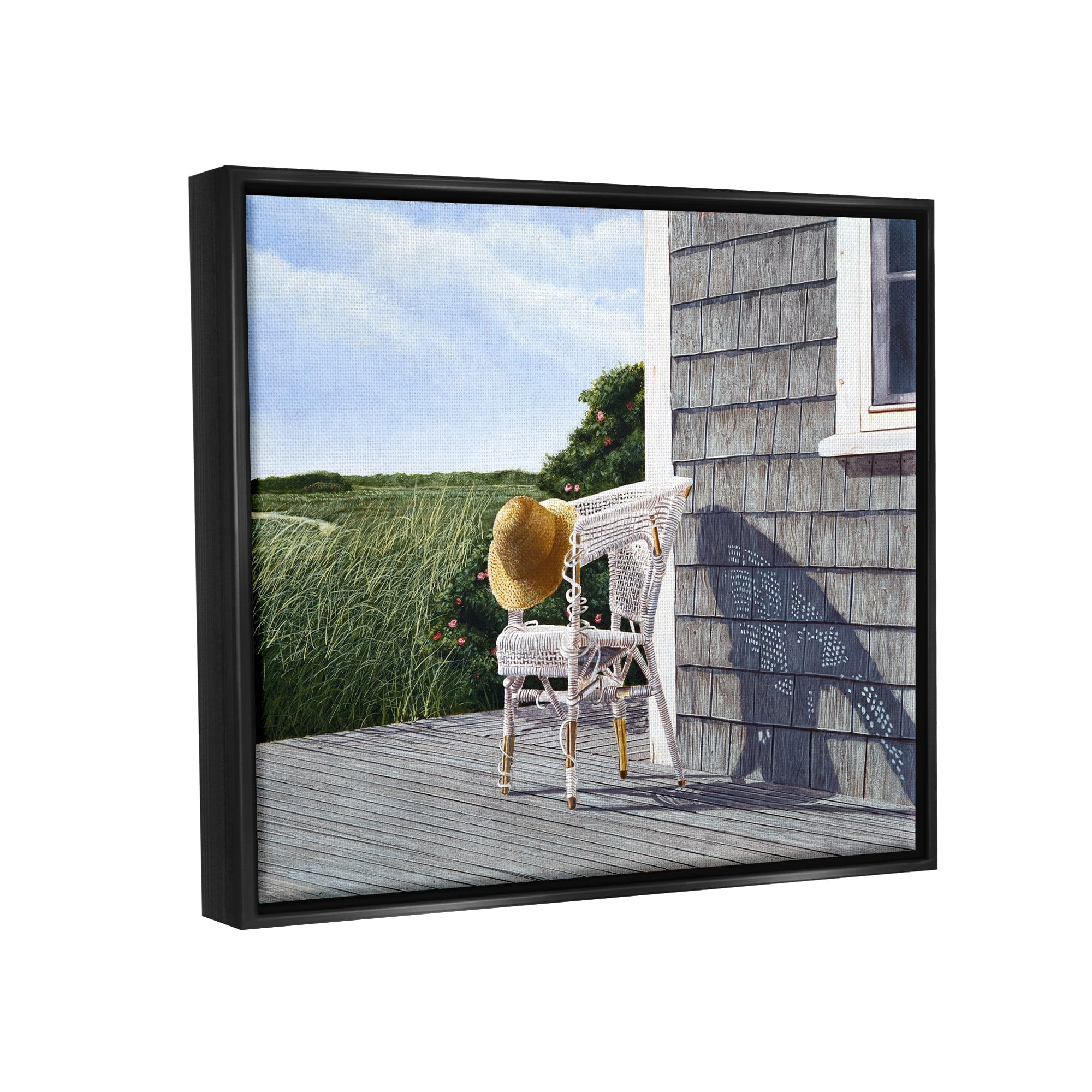 Stupell Industries Seaside Porch Landscape Rural Grassland Hills Painting Jet Black Floating Framed Canvas Print Wall Art, Design by Tom Mielko