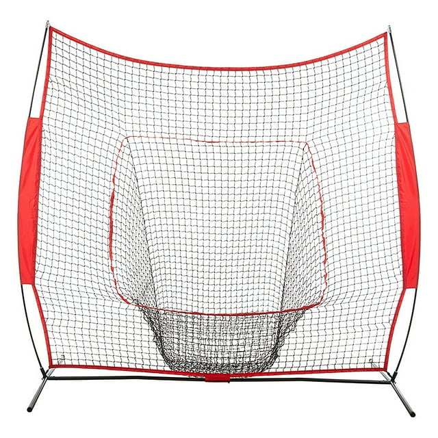 TFixol Filet d'Entraînement Portable de Baseball et Softball 7 Pieds x 7 Pieds avec Cadre à Nœud, Sac de Transport et Zone de Frappe - Options Rouge et Noir