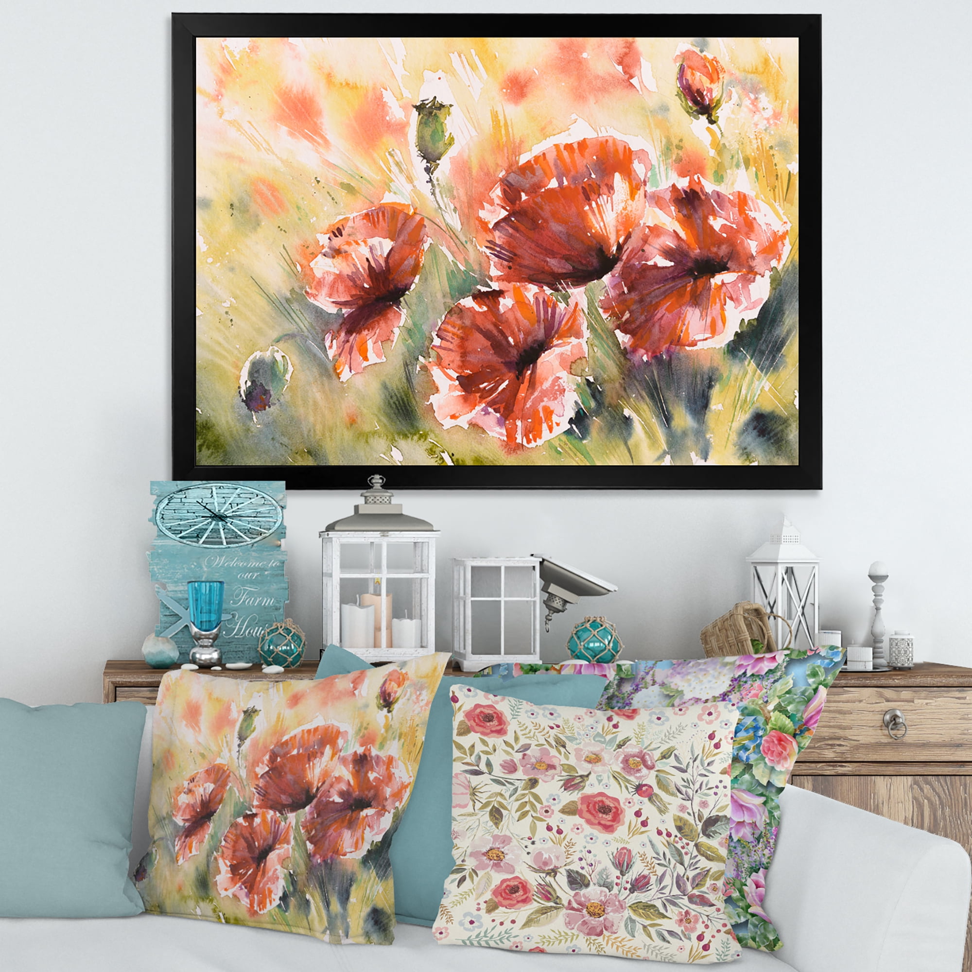 Designart 'Abstract Red Poppy On A Field' Traditional Framed Art Print
