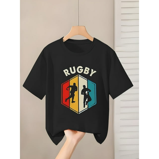 T-Shirt Featuring a Colorful Hexagonal Frame Around a Rugby Player Silhouette, with The Word 'RUGBY' Prominently Displayed. The Stretchy Fabric Is Suitable for Girls Aged 4-13 As a Clothing Gift.