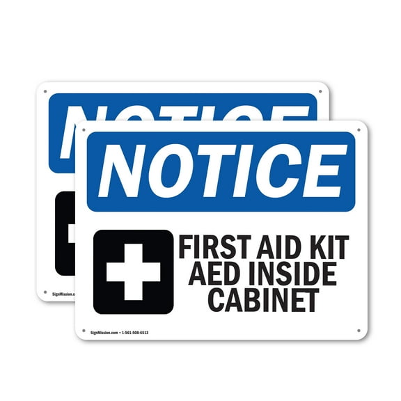 (2 Pack) First Aid Kit AED Inside Cabinet OSHA Notice Sign 24 Inch X 18 Inch Plastic Sign, Weather Resistant, UV Protected for Workplace, Business, and Construction Site, Made in the