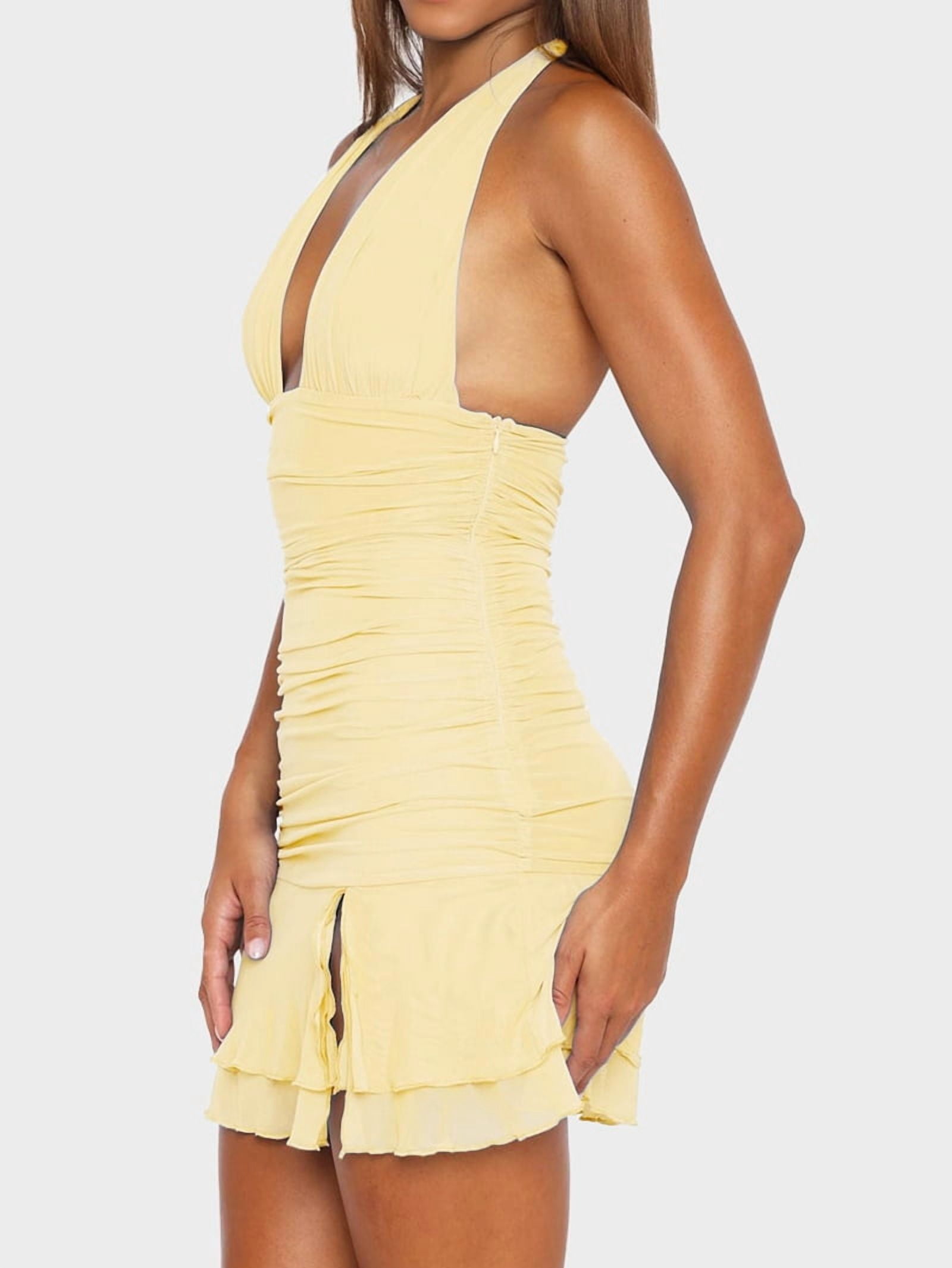 Women'S Backless Deep V Neck Ruched Bodycon Dress Summer Side Slit Mesh Hem Club Party Short Mini Dress Yellow L