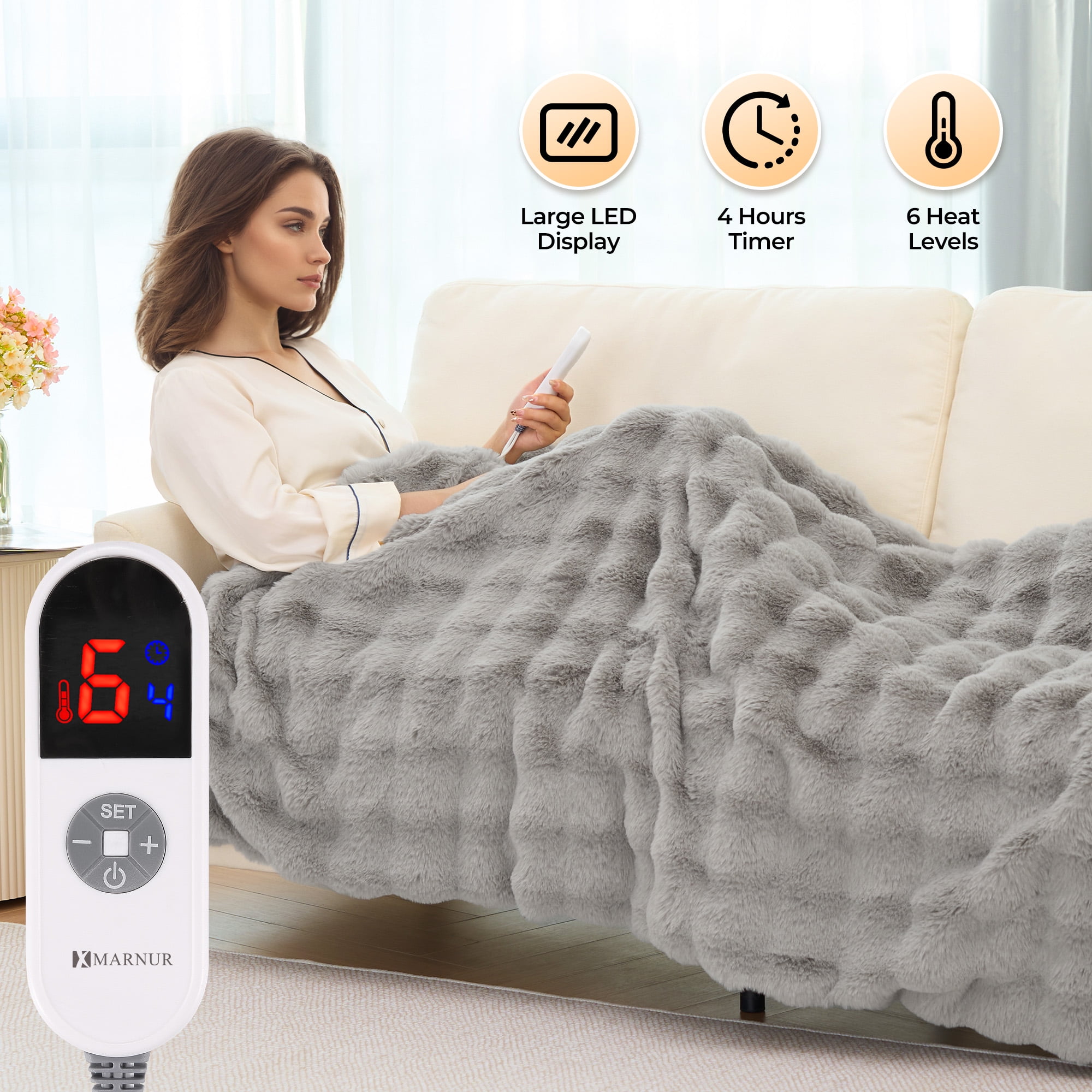 MARNUR Electric Throw Blanket 50"x60", Faux Fur Heated Throw, 6 Heating Levels, 4 Hours Timer, Gray
