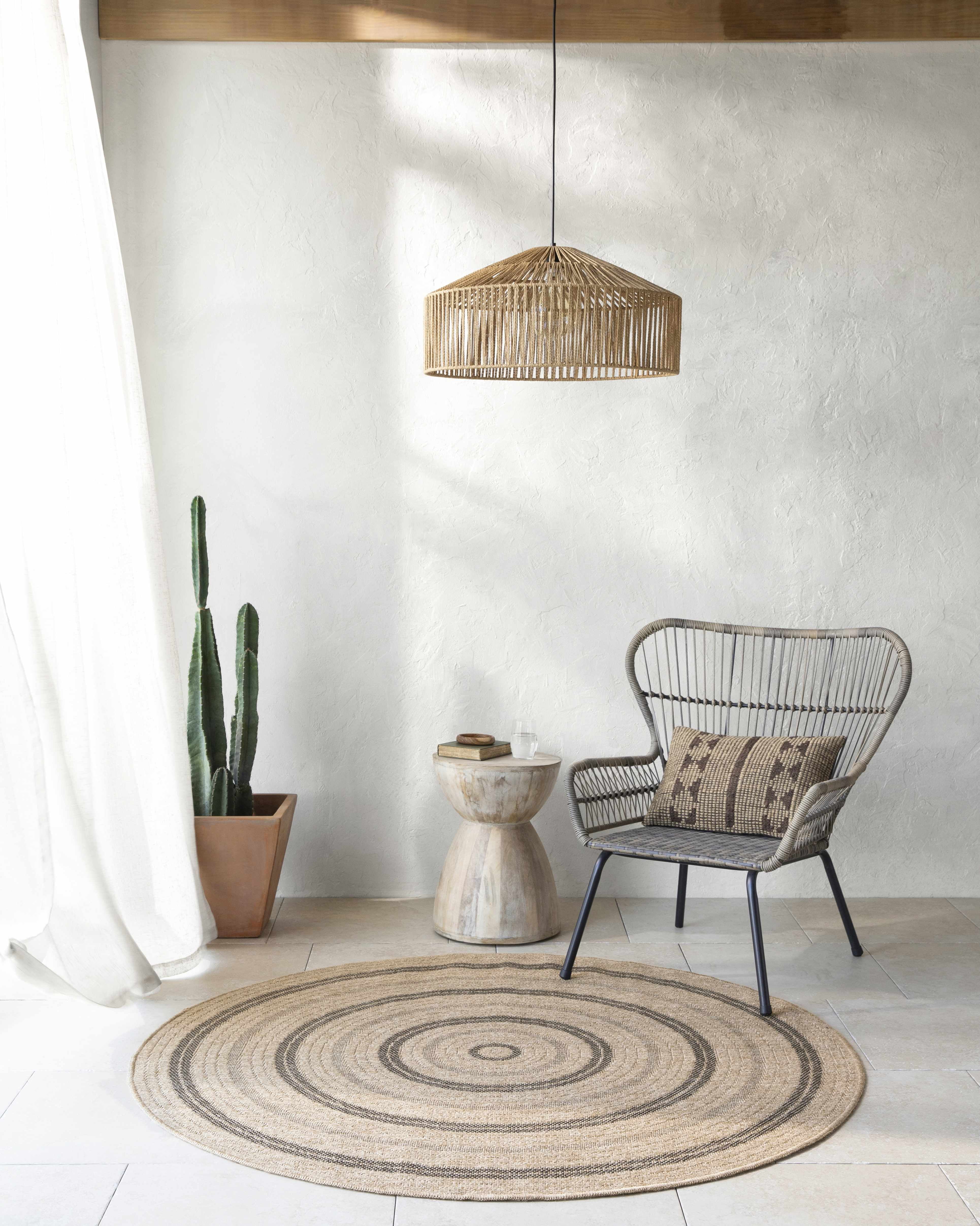 Hauteloom Beril Living Room, Bedroom Patio Outdoor Area Rug - Traditional, Transitional - Tan, Black White, White Tonal - 3'3" Square