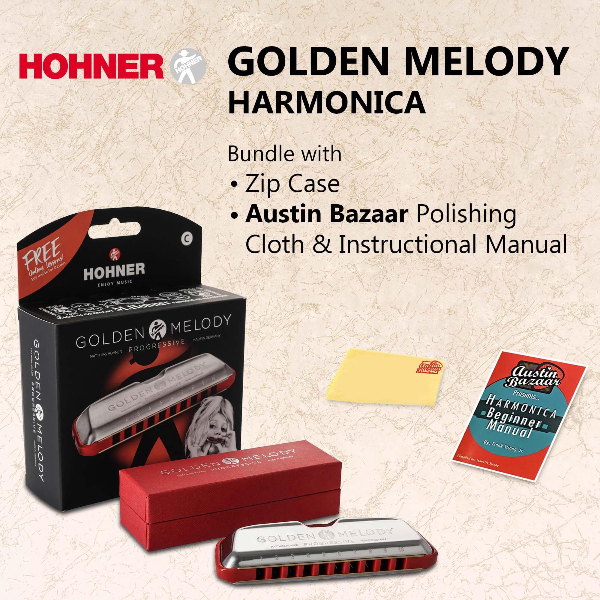Hohner 544 Golden Melody Harmonica - Key of C w/ Instructional Manual