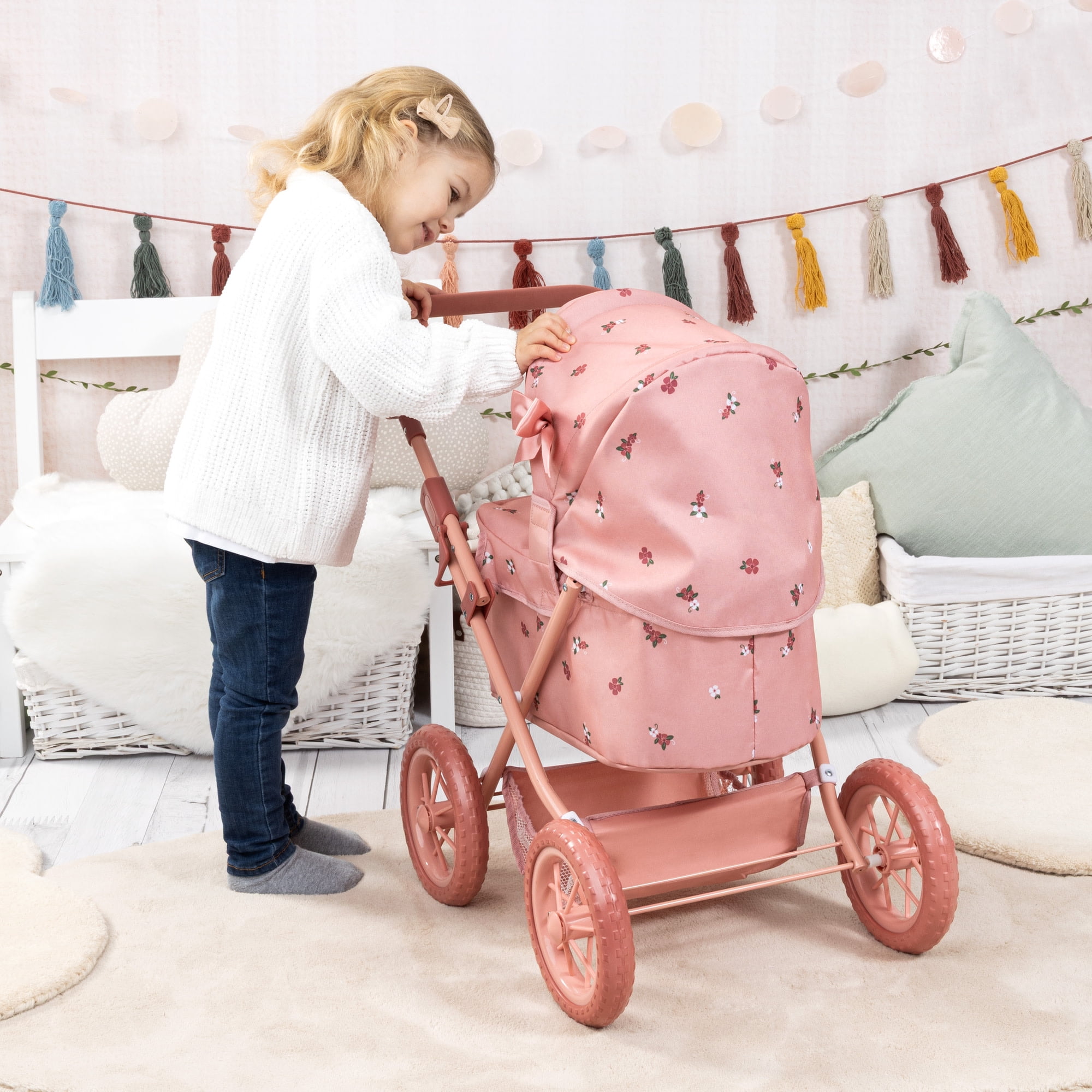 Bayer Design: Doll Pram Trendy - Pink & Flowers - Play Push Stroller, Handbag, Adjustable Handle, Foldable, Toy Care Accessory Fits 18" Dolls, Kids 3+
