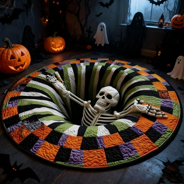 3D Halloween Rug, Candy Corn Abyss Quilted Round Mat, Optical Illusion Decorative Floor Carpet, Monster Crawling Out Pattern, 3D Effect Rugs for Home Decoration