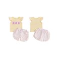 thumbnail image 2 of BemeyourBBs Toddler Baby Girls Summer Clothes Infant Baby Girl 2 Piece Outfits Adorable Donut Embroidery Flying Sleeve T Shirt Tops and Striped Ruffled Shorts Set, 2 of 9