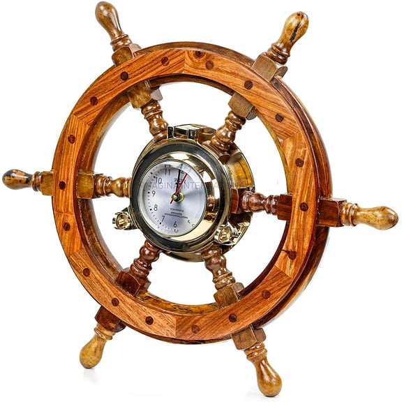 Nagina International Pirate Style Nautical Wood Crafted Ship Wheel | Teak Finish | Captain Maritime Beach Home Decor Gift (18 Inches)