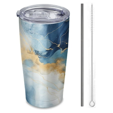 

Watercolor painting with gold lines in shades of blue and white Insulated 20 oz Stainless Steel Travel Tumbler Reusable Straw & Brush Hot & Cold Drinkware for Car Office Outdoor