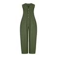 thumbnail image 6 of WULMLEO Womens Cotton Jumpsuits Sleeveless Casual Wide Leg Capri Rompers Baggy Button Down V Neck Summer Overalls Pockets Green 2XL, 6 of 7
