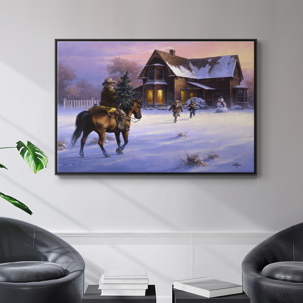 The Day Daddy Brought Home the Tree - Framed Gallery Wrapped Holiday Canvas - 17 x 25 - Black Frame