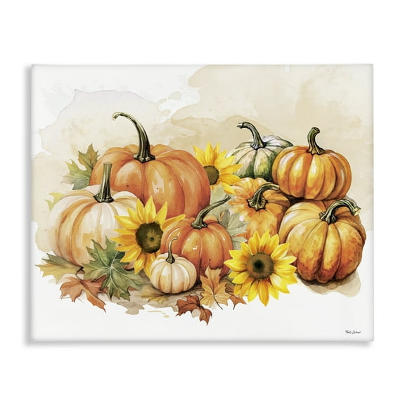 Stupell Industries Pumpkin & Sunflower Bundle Botanical & Floral Painting Gallery Wrapped Canvas Art Prints Wall Art, 20 x 16