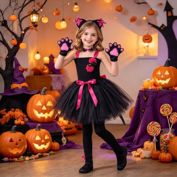 XAOFW Girls Halloween Cat Costume Tutu Dress With Cat Ears Headband Gloves Tail And Bow Tie Toddler Kids Dress Up Party Outfits