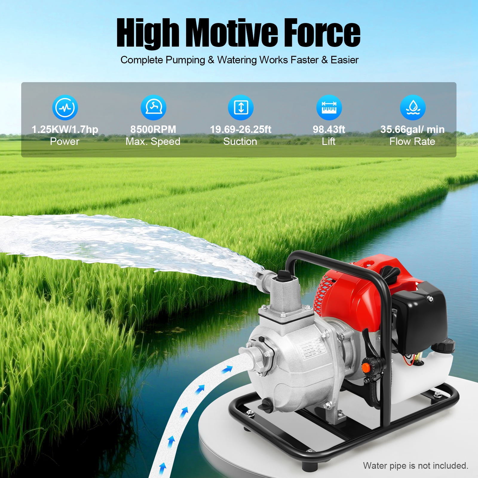 1 Inch Gas Powered Water Transfer Pump,43cc 2-Stroke 1.7HP Gasoline Semi-Trash Water Pump 8500RPM Air cooled High Pressure Irrigation Transfer Pump with Complete Kits for Irrigation