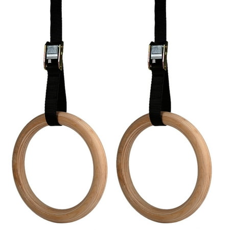 Walfront Wooden Gymnastic Rings with Straps Buckle Gym Crossfit Strength Pull Up Dips Fitness Gym for Crossfit Training and Pull Up & Strength