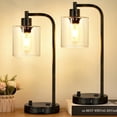 thumbnail image 1 of Juego de 2 lámparas de mesa industriales con puertos USB C+A y tomacorriente, totalmente regulables, para dormitorios, mesita de noche, lámpara de escritorio con pantalla de vidrio para lectura, sala, 1 of 9