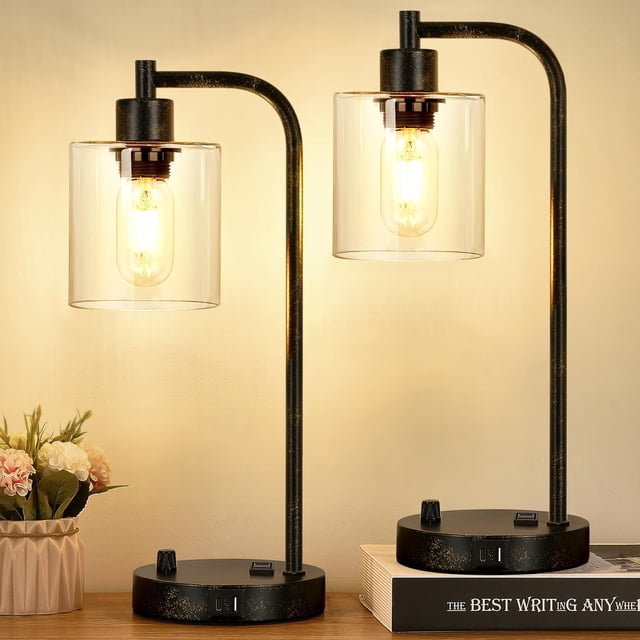 Juego de 2 lámparas de mesa industriales con puertos USB C+A y tomacorriente, totalmente regulables, para dormitorios, mesita de noche, lámpara de escritorio con pantalla de vidrio para lectura, sala