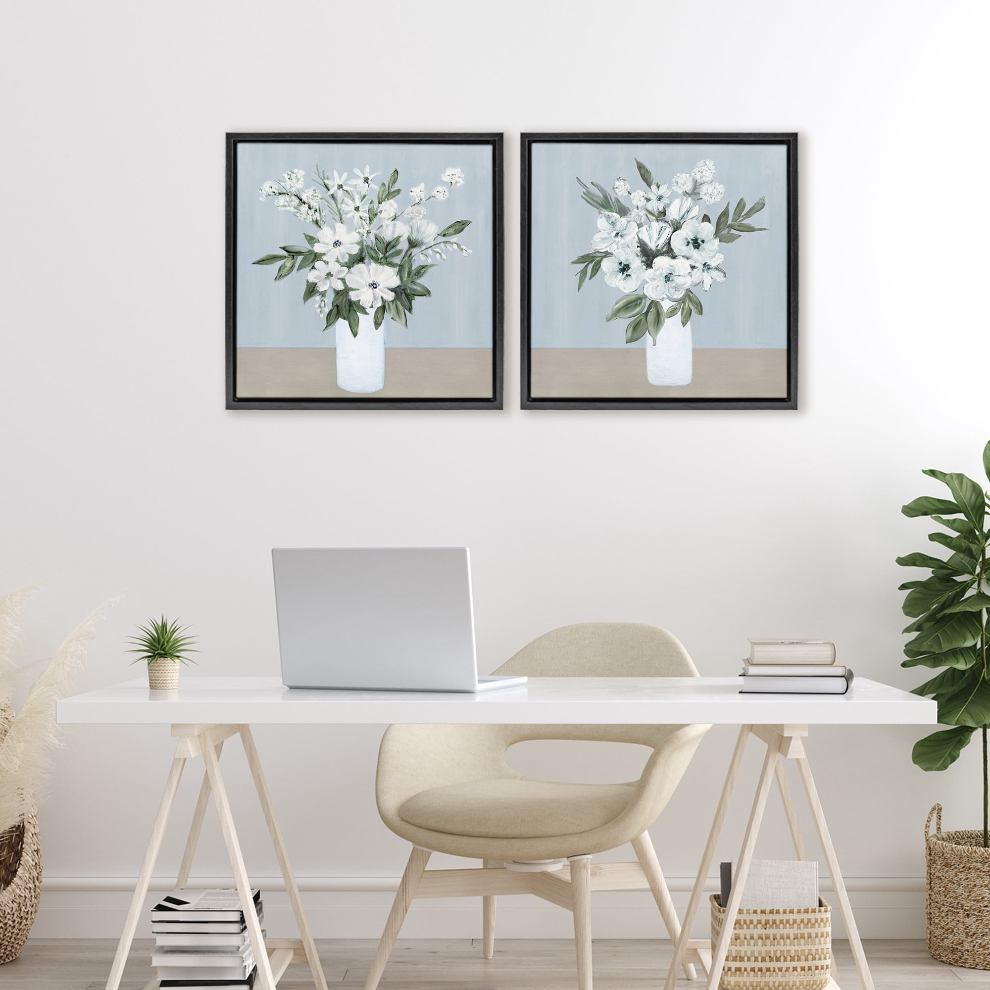 Stupell Industries Mixed White Blossoms 2 Piece Black Framed Floater Canvas Set, design by Marilyn Dunlap