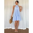thumbnail image 3 of Blue And White Sleeveless Halter Neck Frill Trim Striped Vacation Dress For Women, 3 of 6