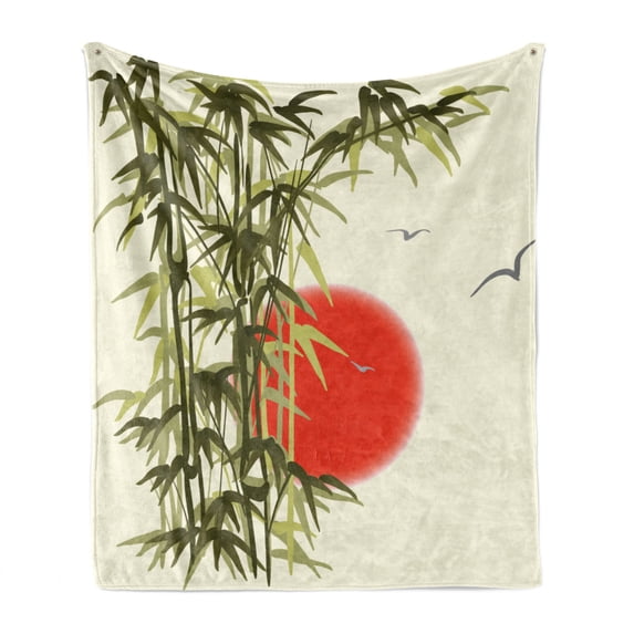 Bamboo Print Soft Flannel Fleece Throw Blanket, Abstract Branch on Sunset Background Design Bird and Sun Image, Cozy Plush for Indoor and Outdoor Use, 60" x 80", Vermilion and Green, by Ambesonne