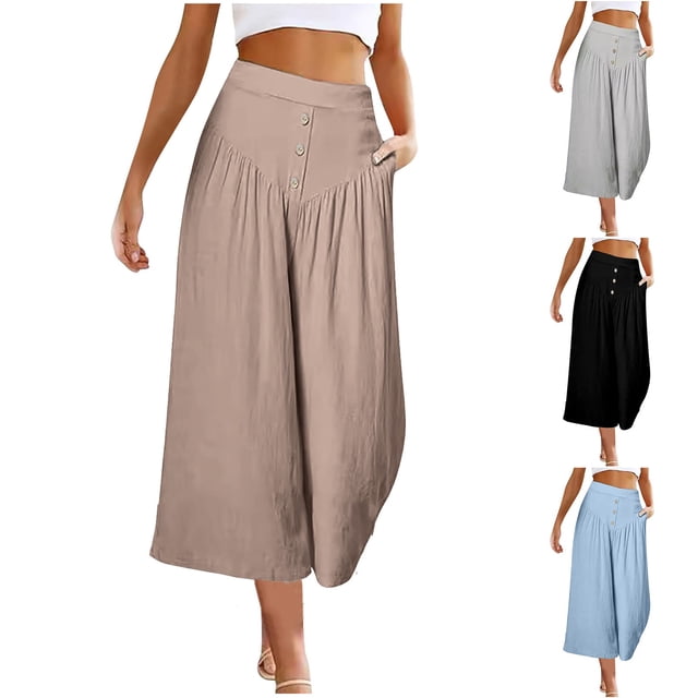 Sentmoon Pants Solid Color High Waist Womens Petite Pants Plus Size Loose Fit Linen Wide Leg Delightful Summer Womens Trouser Pants Beach Essentials for Working Out and Gym Gray S